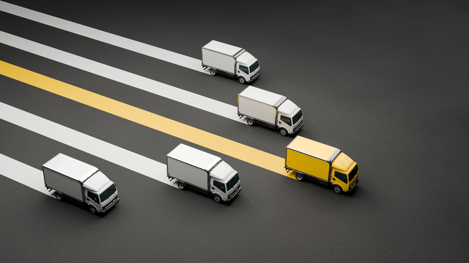 Yellow Truck Leading a Fleet - Transport Leadership, Delivery Race, Logistics Strategy, Innovation, and Competitive Advantage, 3D Render